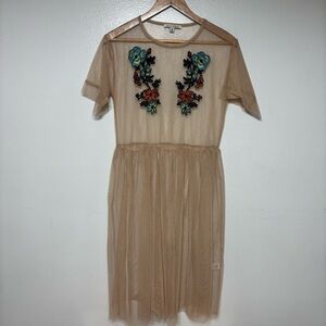 Haute Monde Embroidered Beige Sheer Dress Size S